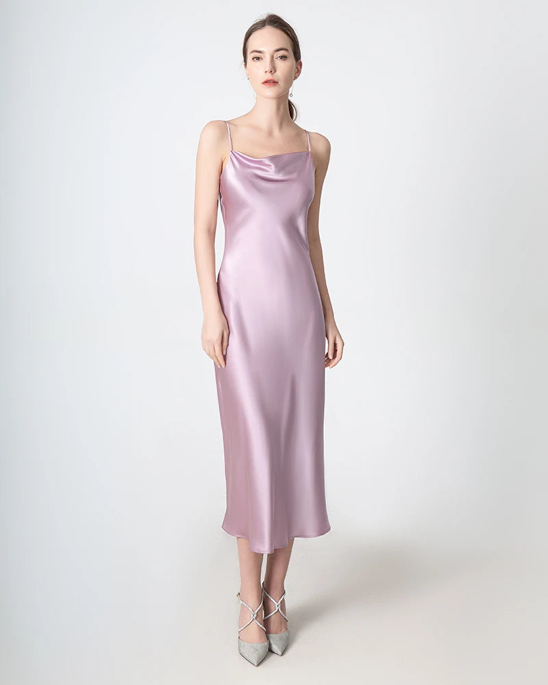Slit Cowl Neck Midi Silk Dress