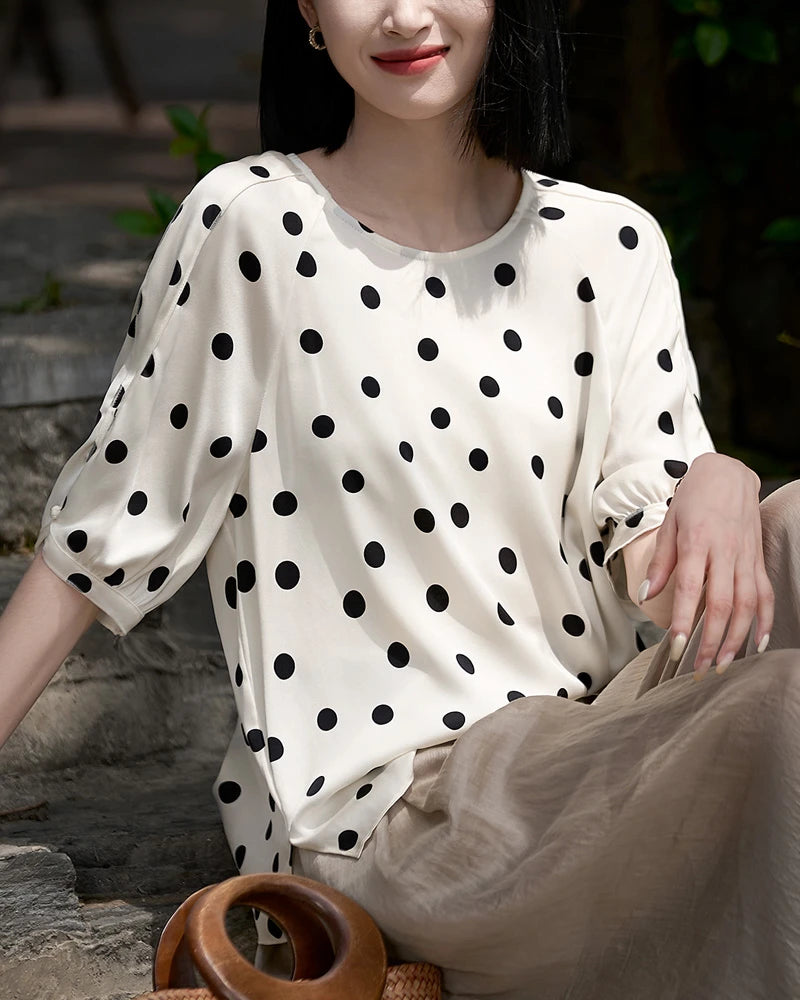 Round Neck Polka Dot Silk Blouse