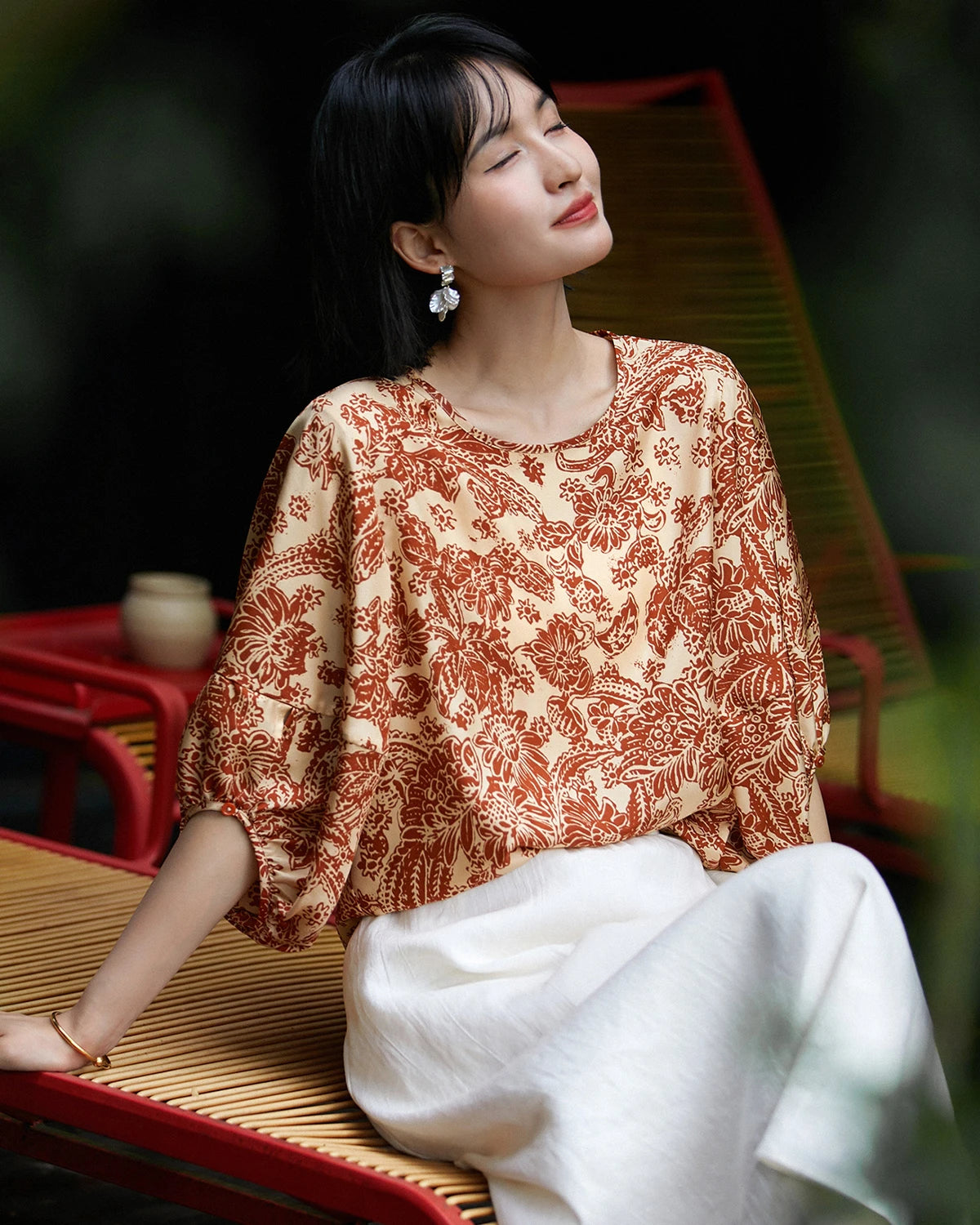 Terracotta Paisley Print Silk Blouse