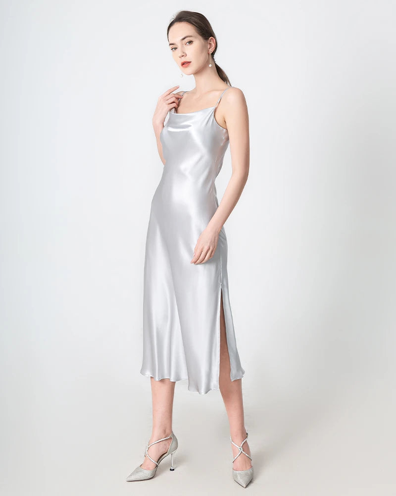 Slit Cowl Neck Midi Silk Dress