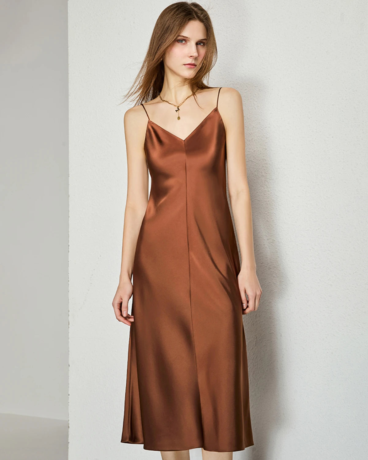 V-neck Silk Slip Midi Dress