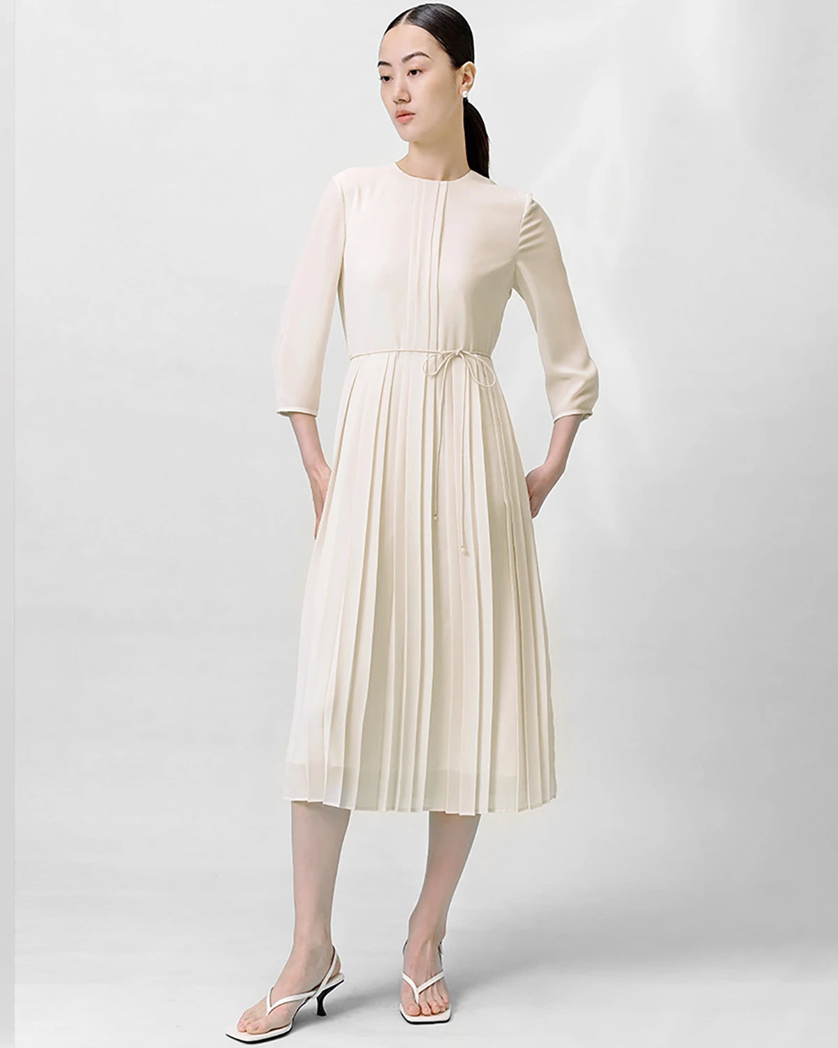Pleated 3/4 Sleeve Silk Dress