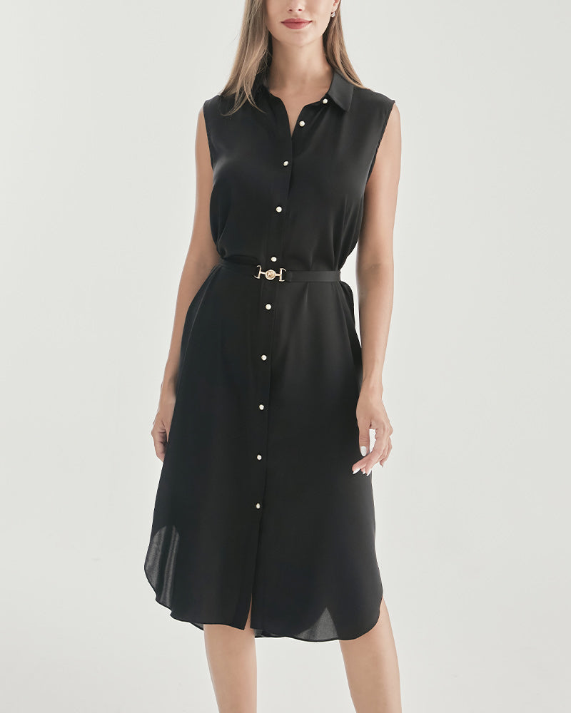 Belted Shirt Dress Sleeveless Silk Dress