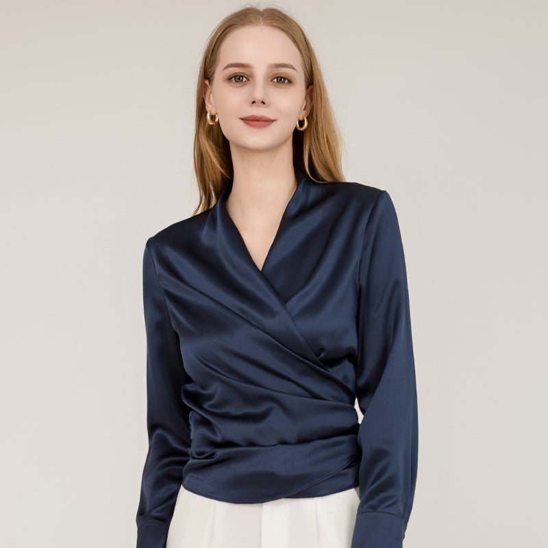 Elegant Fitted Silk Wrap Blouse