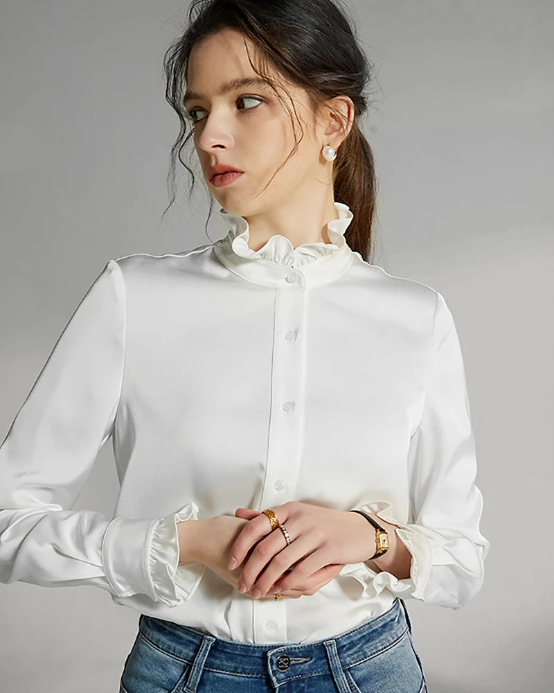Stand Collar Silk Blouse with Ruffles