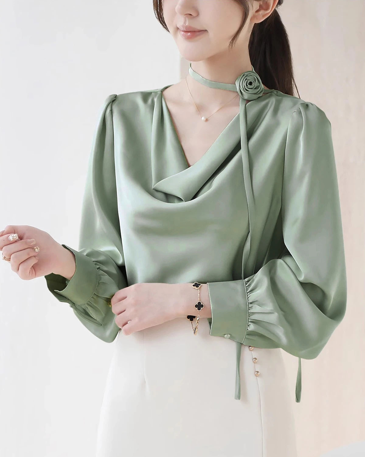 Elegant Draped Collar Silk Blouse
