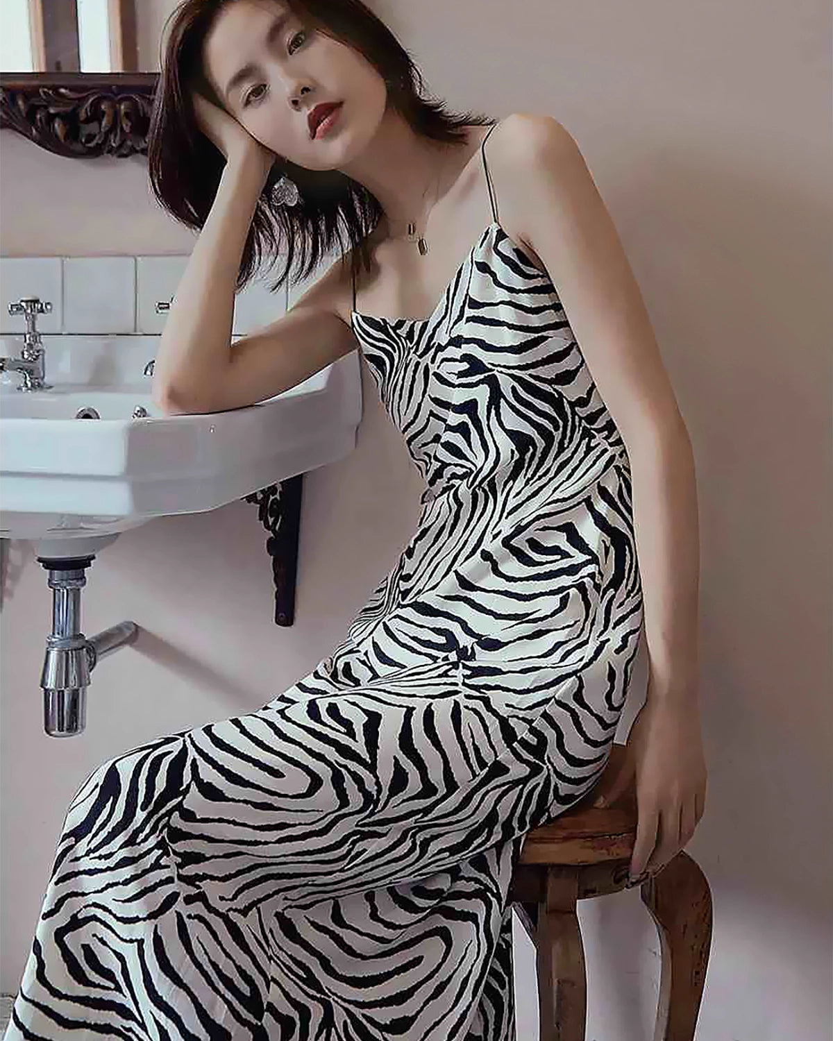 Zebra Print Spaghetti Strap Silk Dress