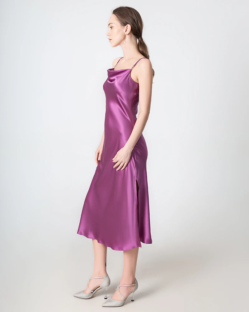 Slit Cowl Neck Midi Silk Dress