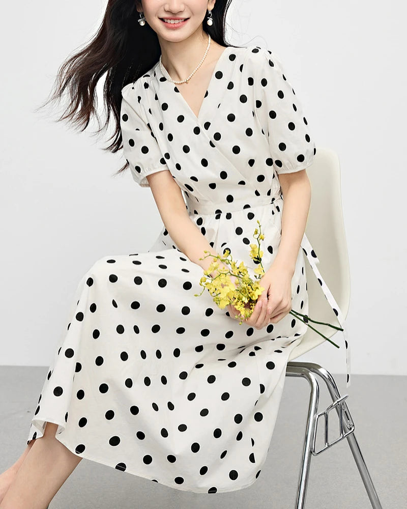 Polka Dot Silk Dress V Neck Short Sleeve