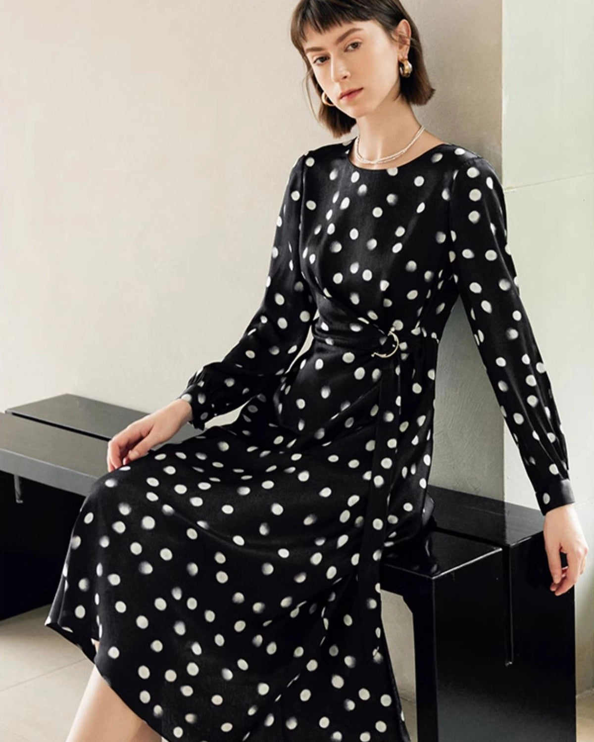 Polka Dot Belted Silk Dress