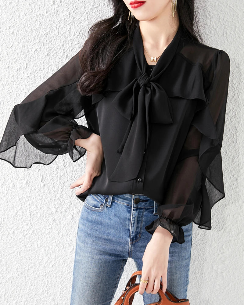 Silk Sheer Ruffle Sleeve Blouse