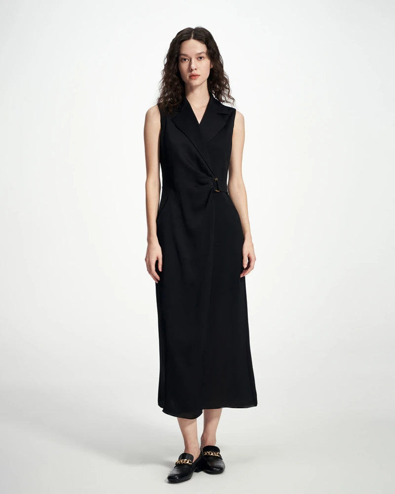 Black Silk Wrap Blazer Midi Dress