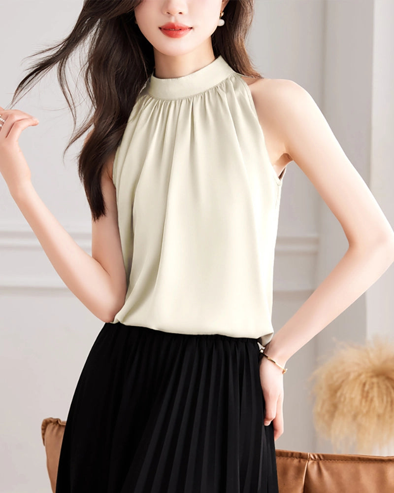Mock Neck Sleeveless Silk Blouse