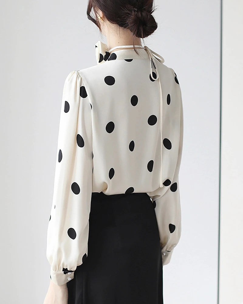 Polka Dot Silk Blouse with Rose Choker