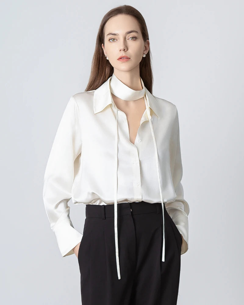 Women's Loose Tie Neck Silk Shirt