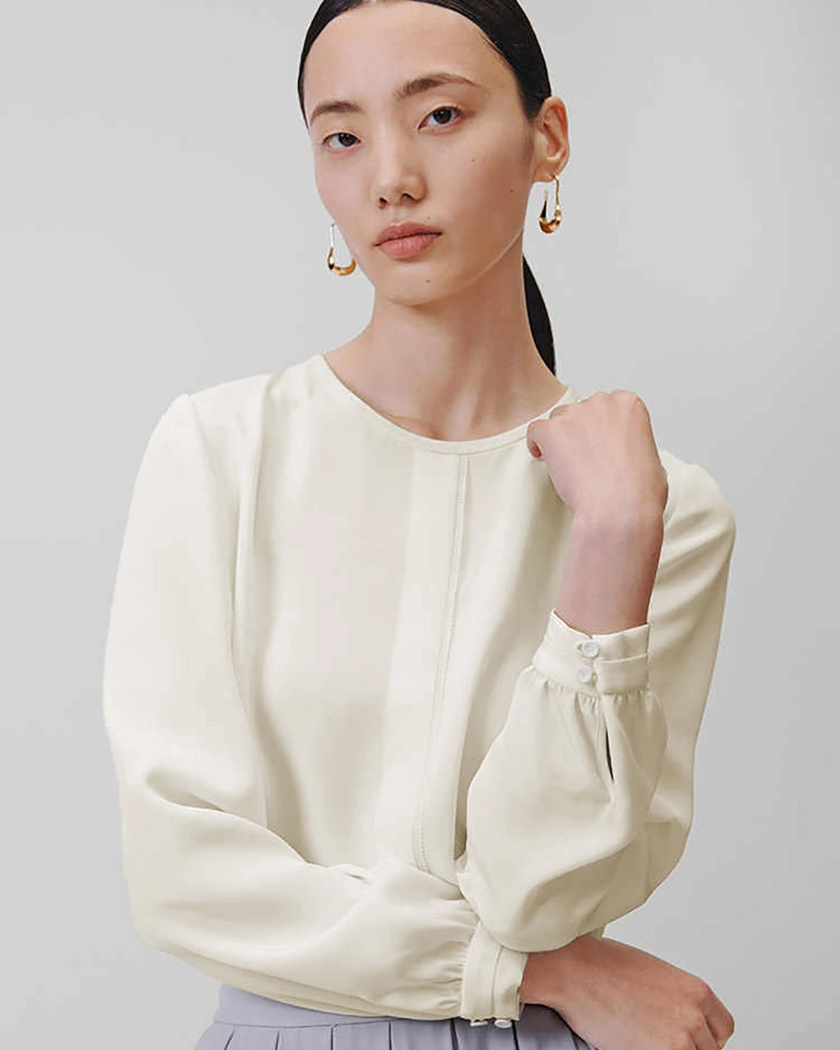 Round Neck Pleated Silk Blouse