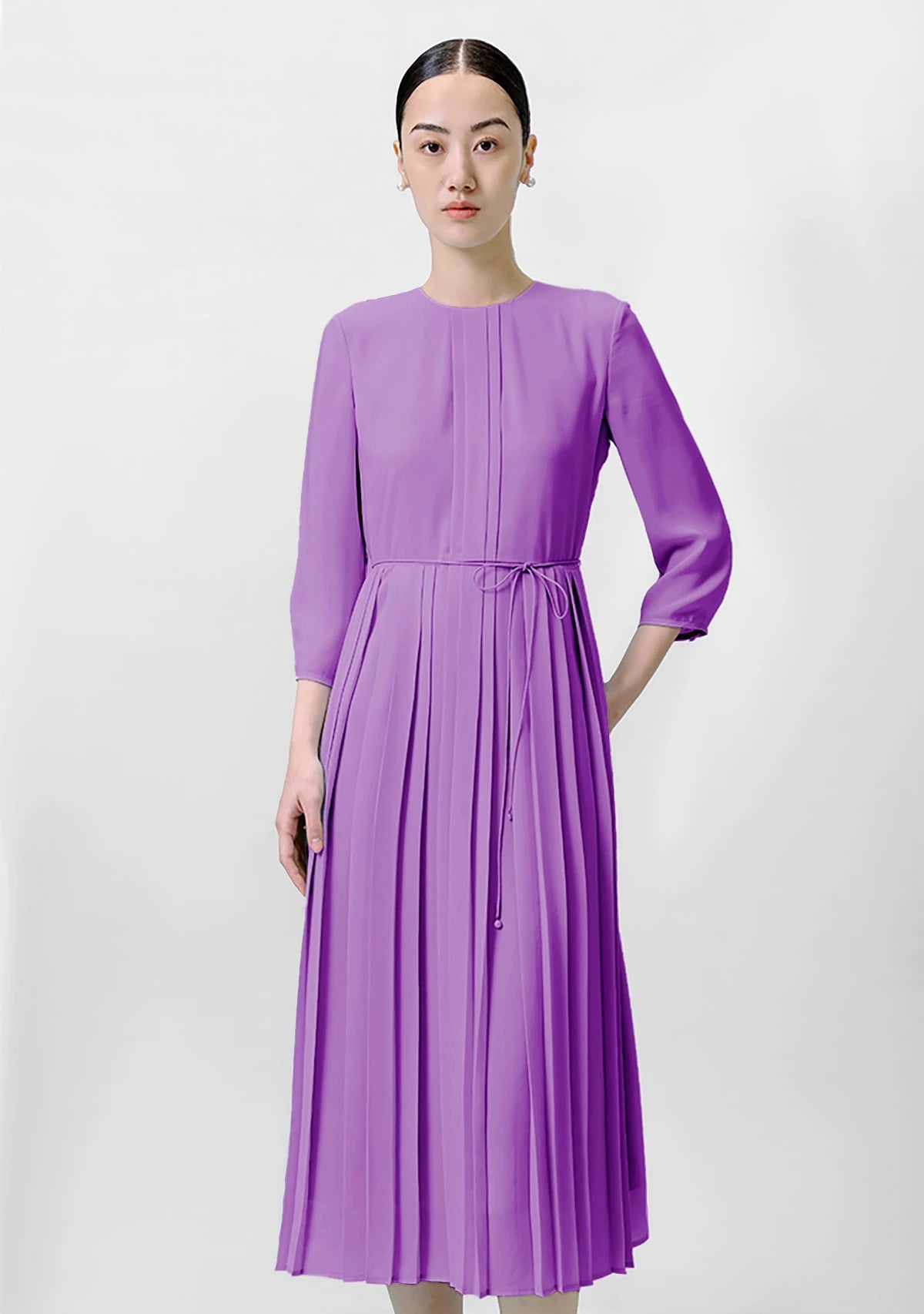 Pleated 3/4 Sleeve Silk Dress