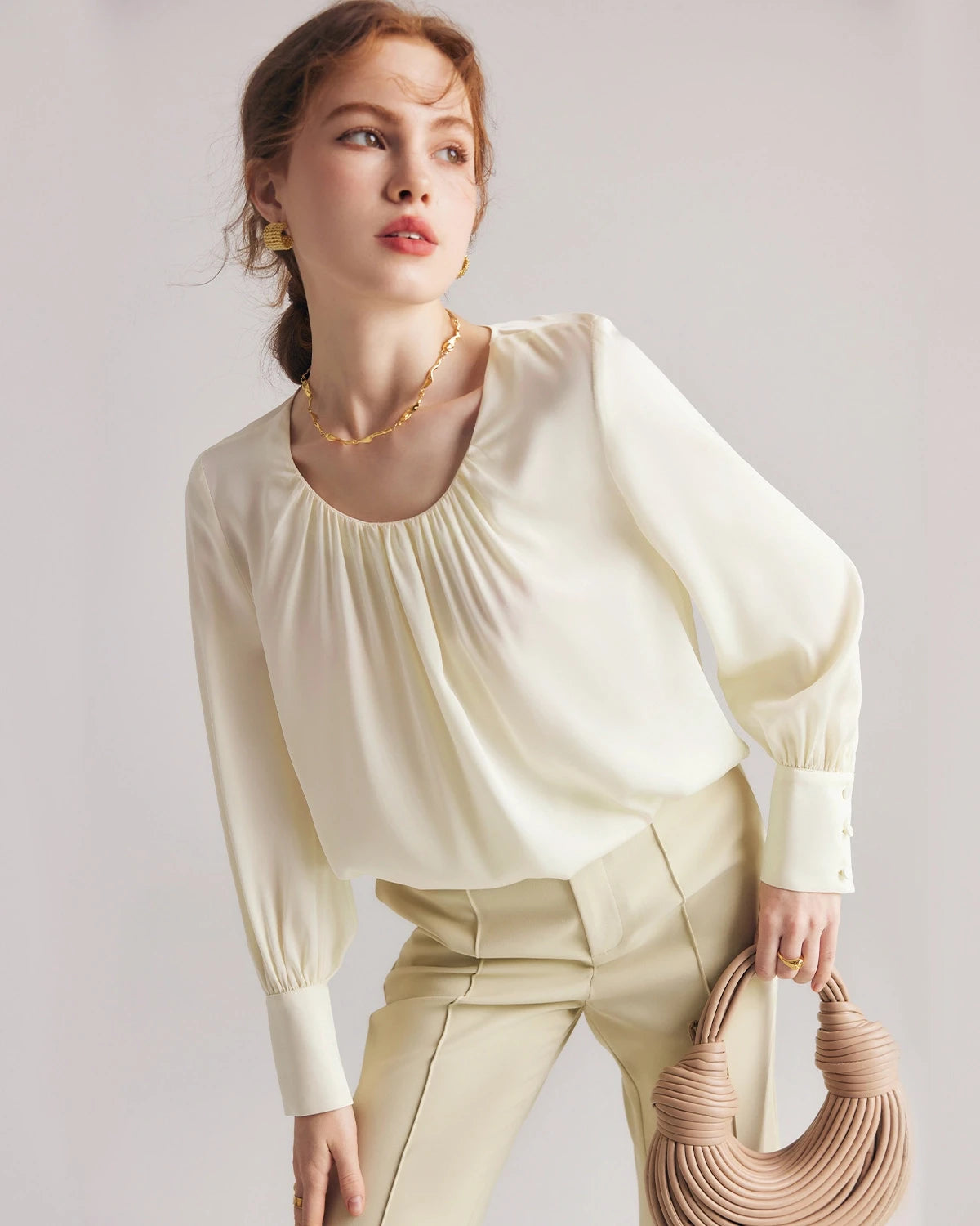 Pleated Round Neck Silk Blouse