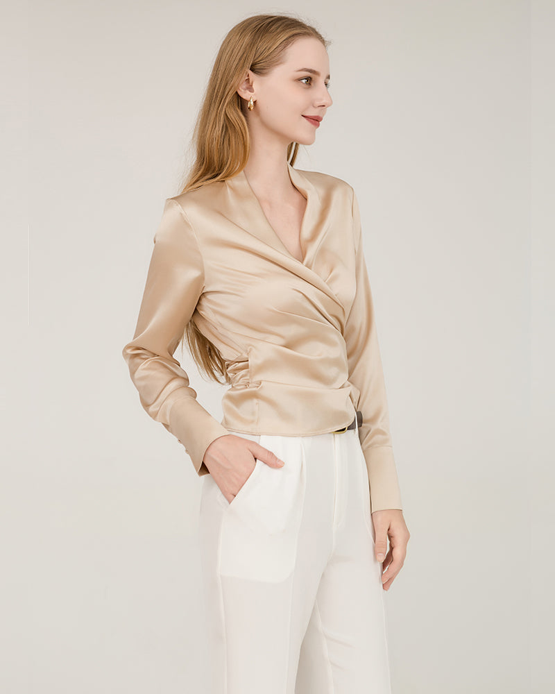 Elegant Fitted Silk Wrap Blouse