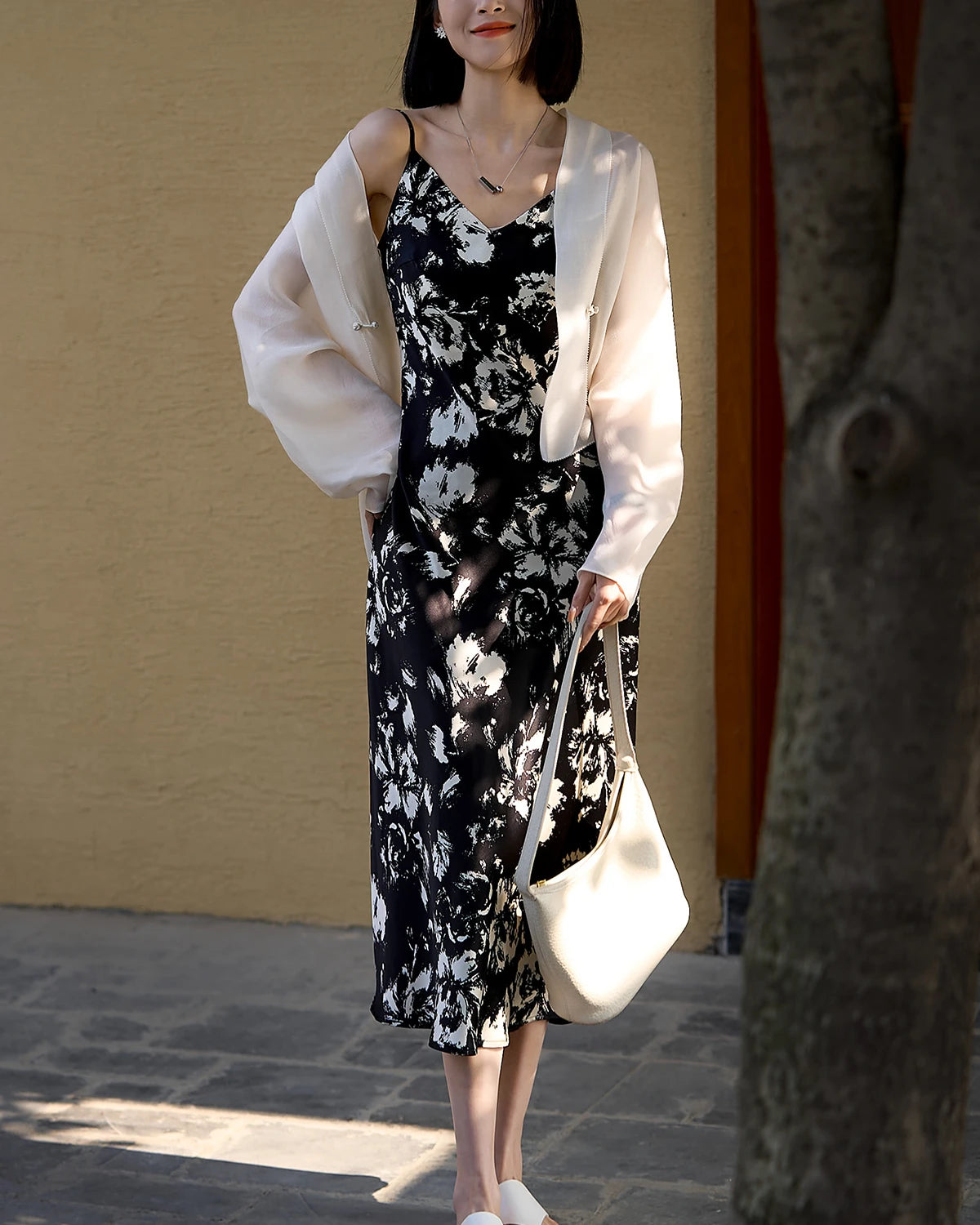 Silk Black and White Floral Dress