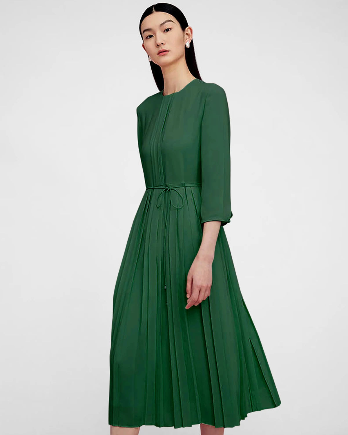 Pleated 3/4 Sleeve Silk Dress