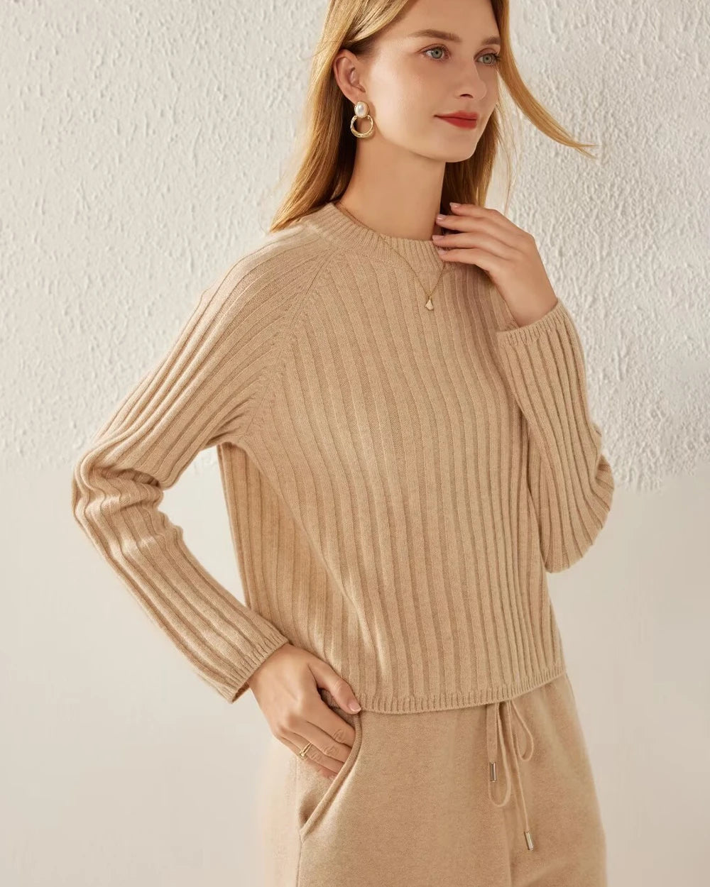 Long Sleeve Ribbed Cashmere Sweater