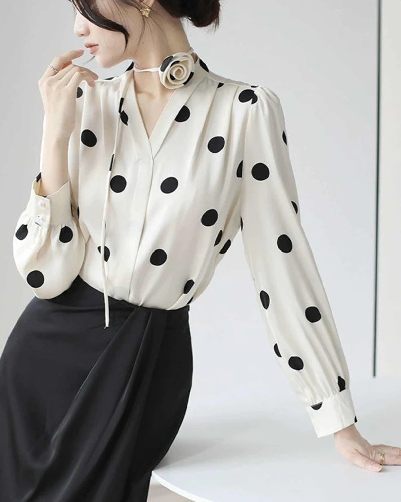 Polka Dot Silk Blouse with Rose Choker