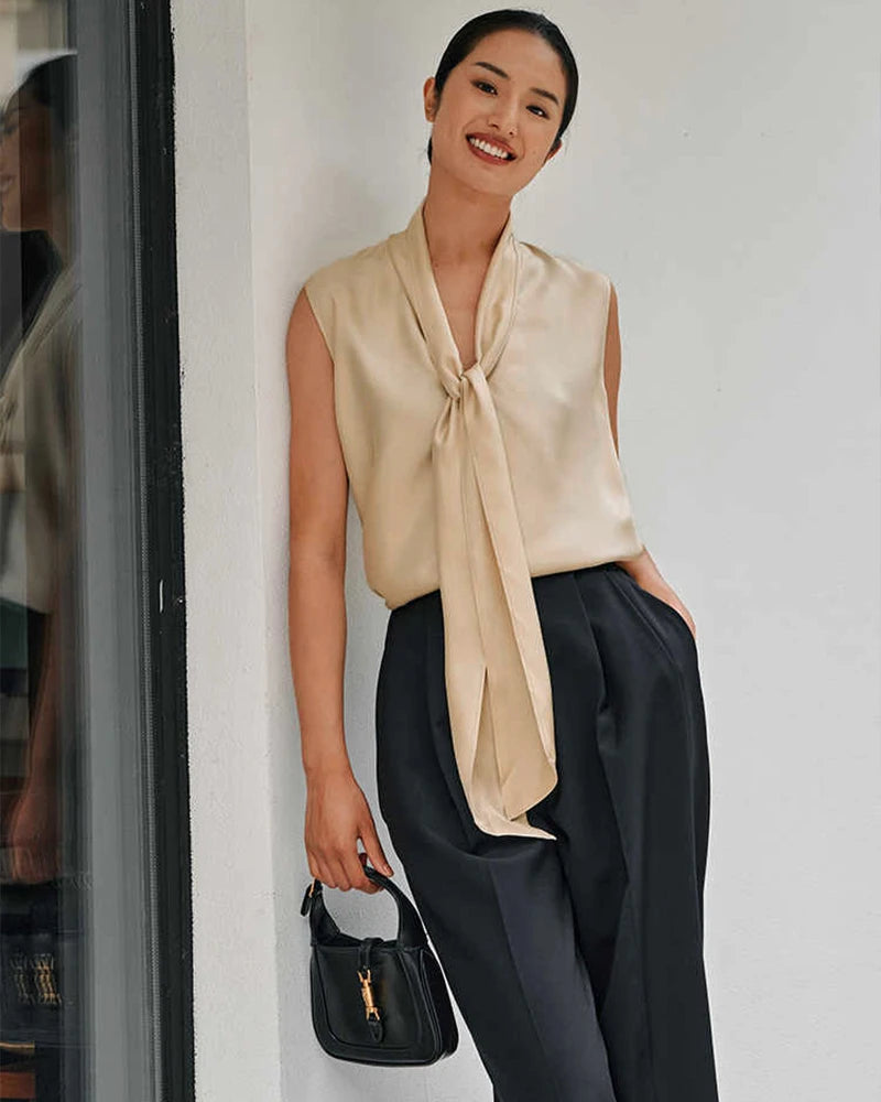 Tie Neck Sleeveless Silk Blouse
