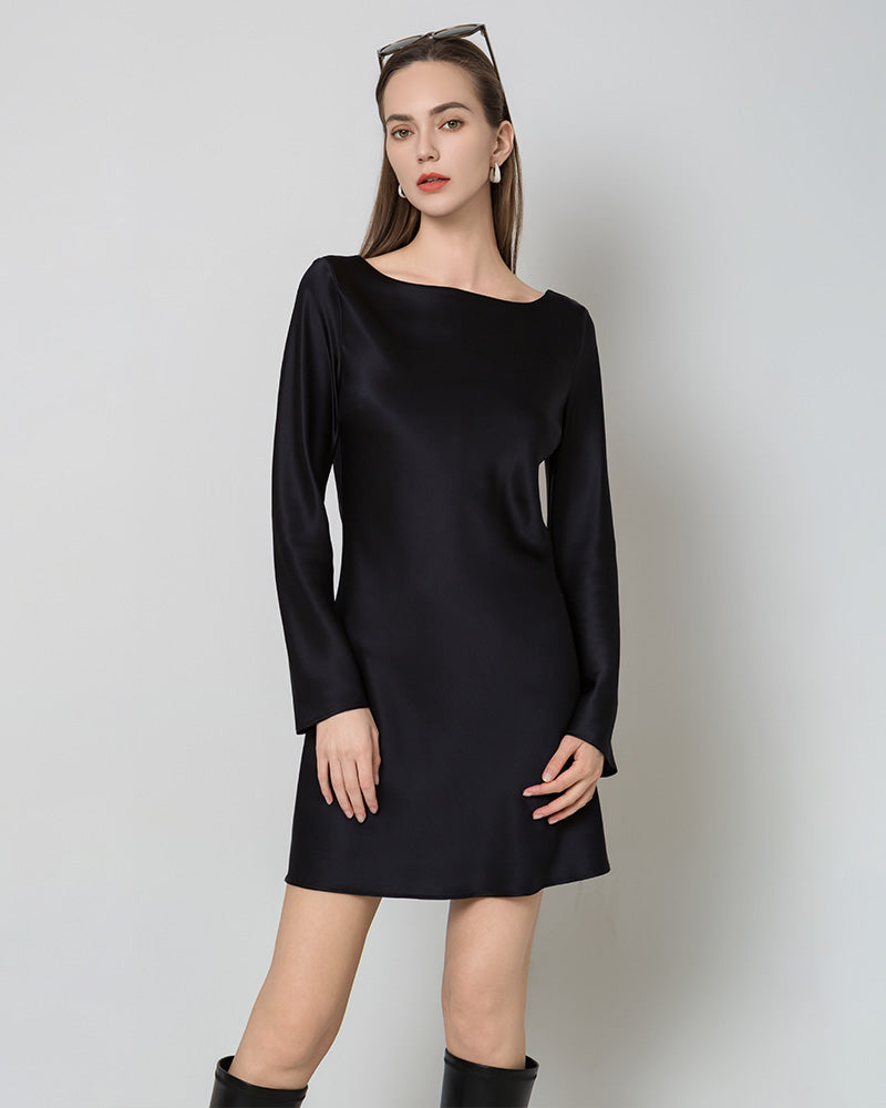 Silk Open-Back Long Sleeve Mini Dress