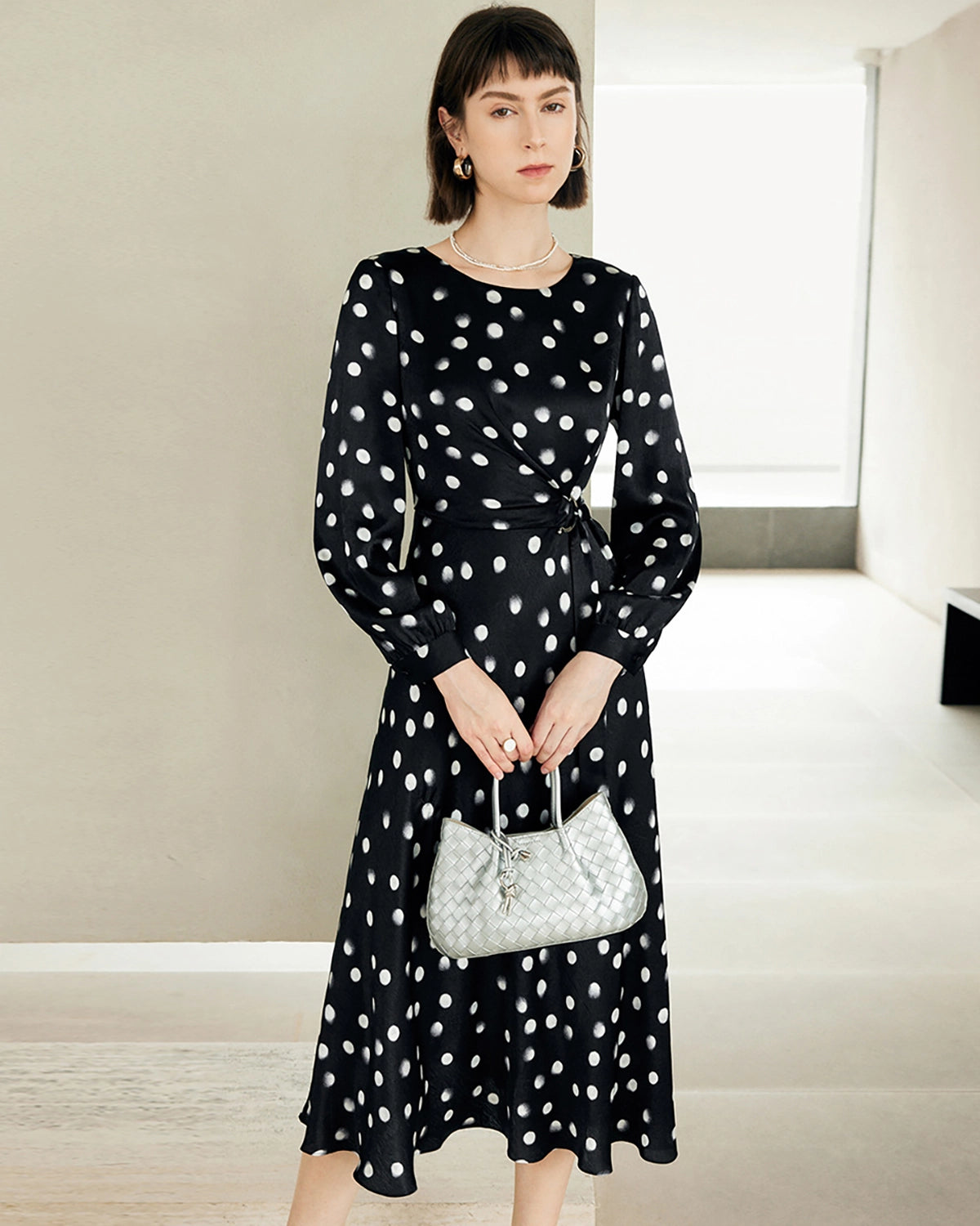 Polka Dot Belted Silk Dress