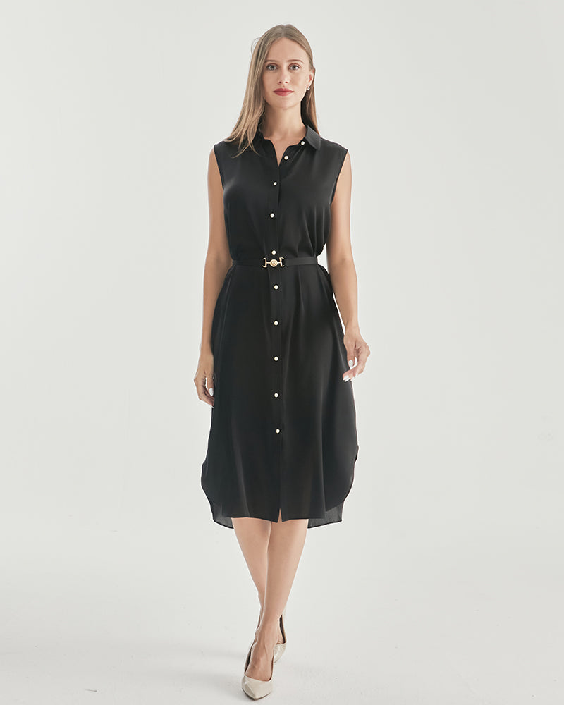 Belted Shirt Dress Sleeveless Silk Dress