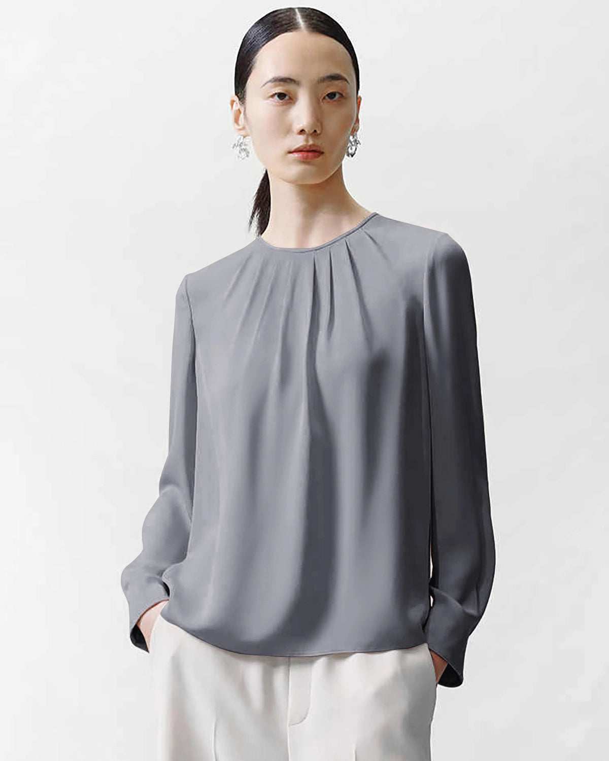 Crew Neck Pleated Silk Blouse