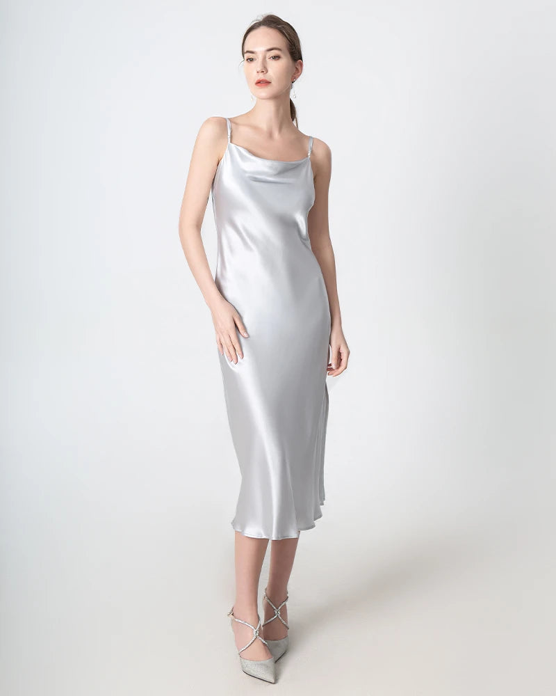 Slit Cowl Neck Midi Silk Dress