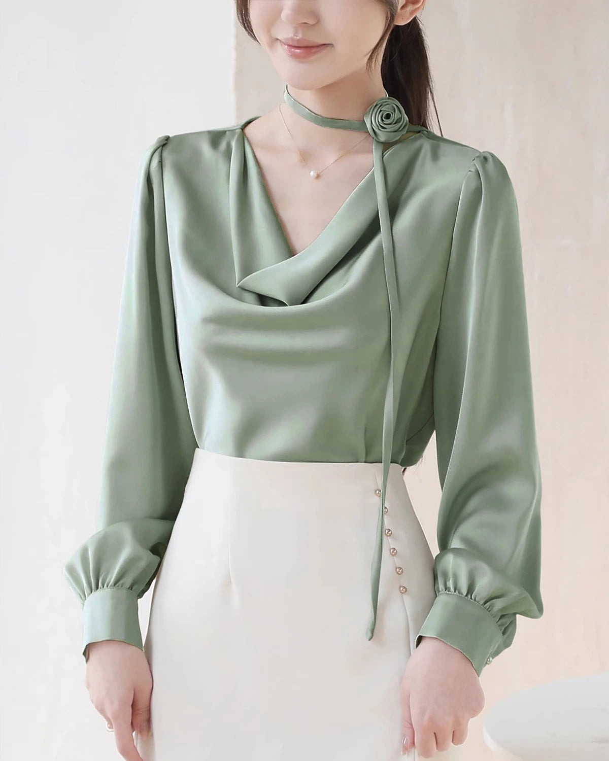 Elegant Draped Collar Silk Blouse