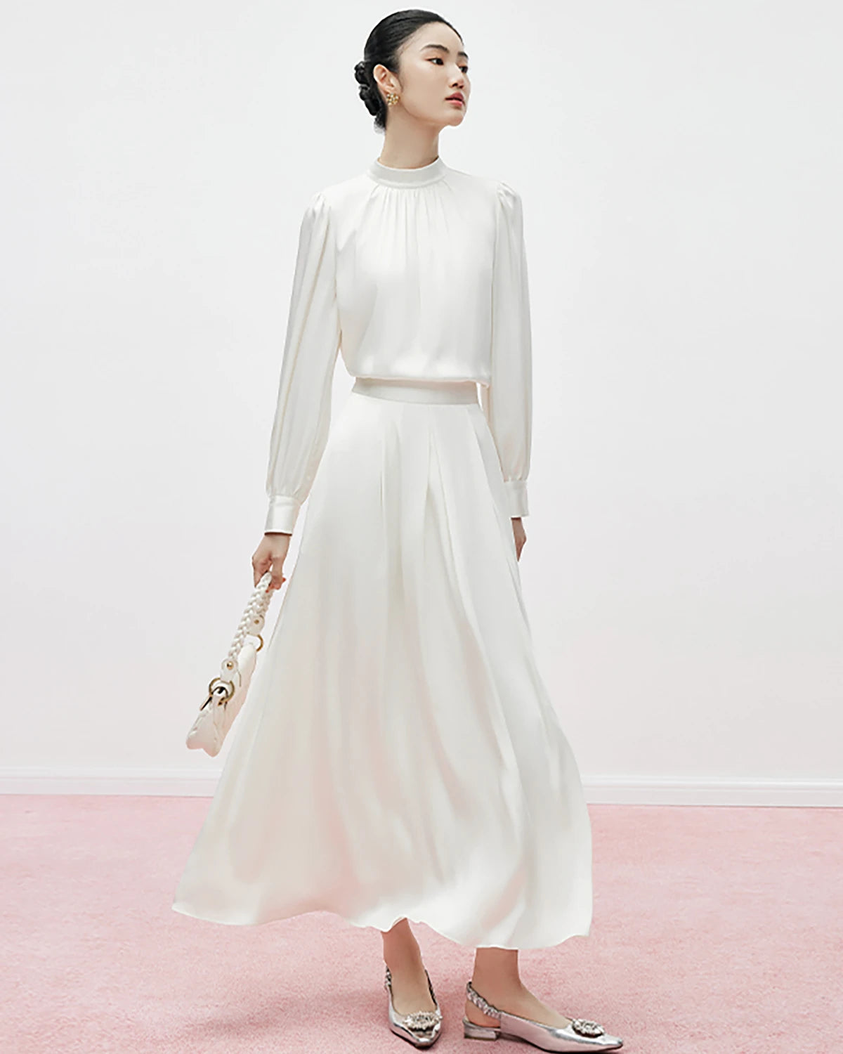 Mock Neck Pleated Silk Blouse